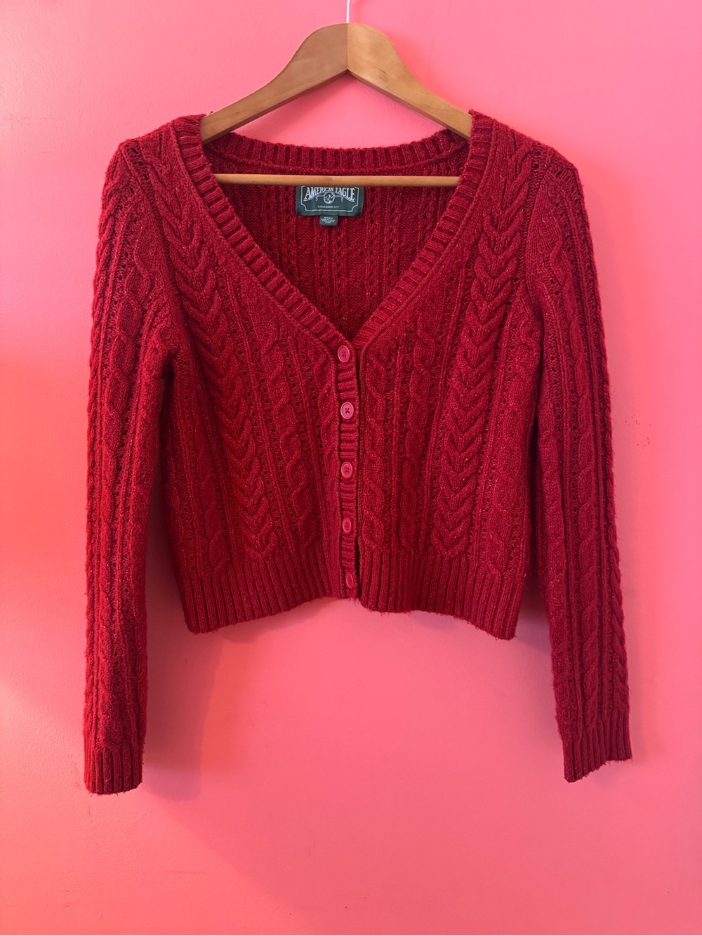American Eagle Outfitters Cherry-Red Cable Knit V-Neck Button Cardigan